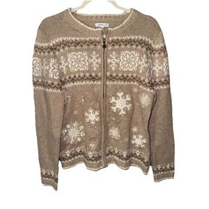Croft & Barrow Women's Zip Up Winter Snowflake Sweater Size M Brown & White
